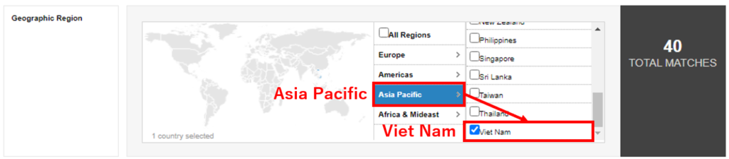 アジア太平洋（Asia Pasific）のベトナム（Viet Nam）を選択